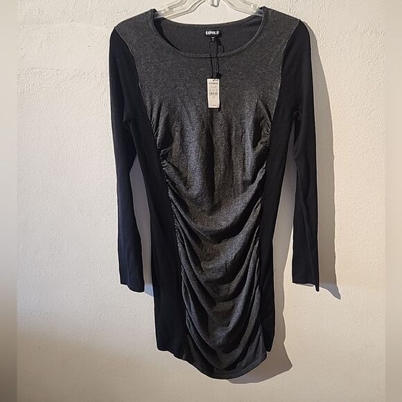 Express Long Sleeve Black/Gray Ruched Bodycon Dress Size Large NWT - Picture 1 of 5